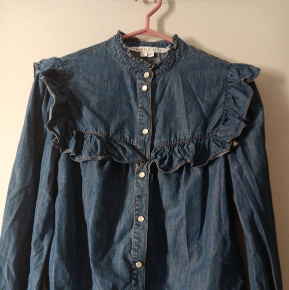 Veronica Beard Blue Ruffle-Trim Denim Blouse - Picture 3 of 6
